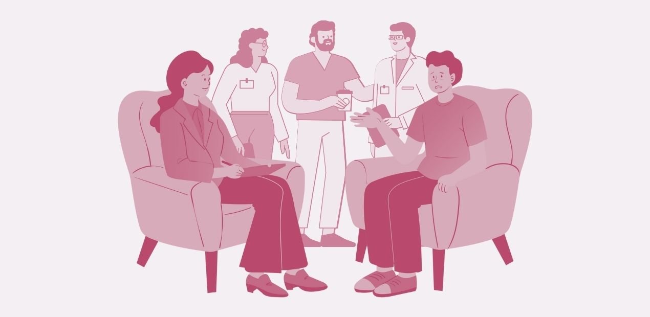 Ilustração de paciente conversando com profissional de saúde, representando atendimento multidisciplinar no tratamento da perda de desejo sexual.