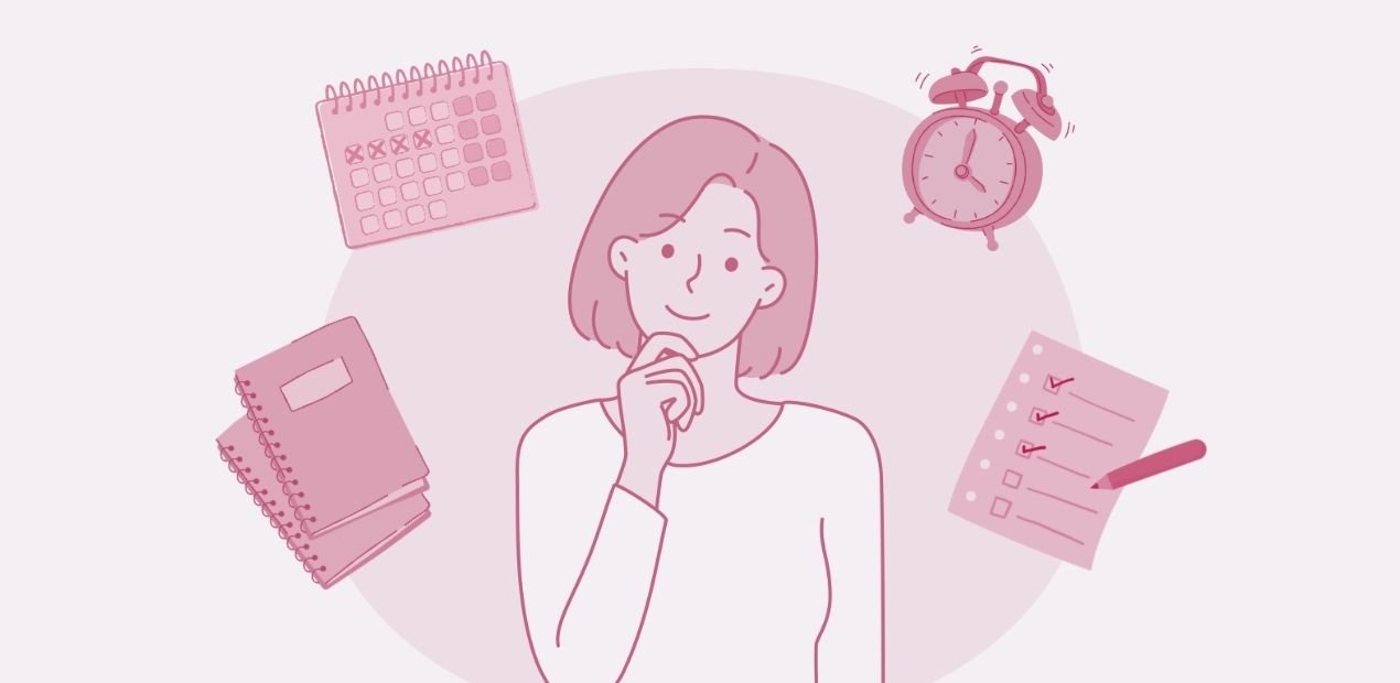 Ilustração de uma pessoa organizada com calendário, relógio, cadernos e checklist, representando estratégias de rotina para o tratamento do TDAH em adultos.