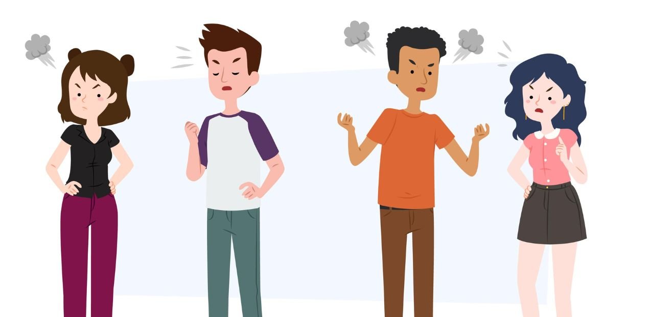 Grupo de pessoas com expressões de raiva e irritação, ilustrando situações de falta de paciência e irritabilidade.
