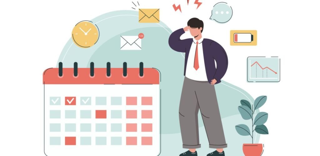 Ilustração de homem estressado representando burnout no trabalho, cercado por calendário, e-mails acumulados e bateria fraca.