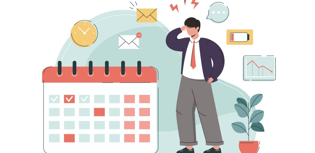 Ilustração de homem estressado representando burnout no trabalho, cercado por calendário, e-mails acumulados e bateria fraca.