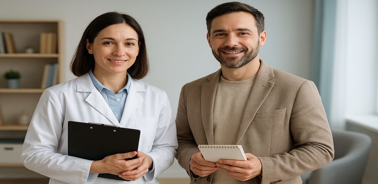 Psiquiatra mulher de jaleco e psicólogo homem de blazer lado a lado em consultório acolhedor