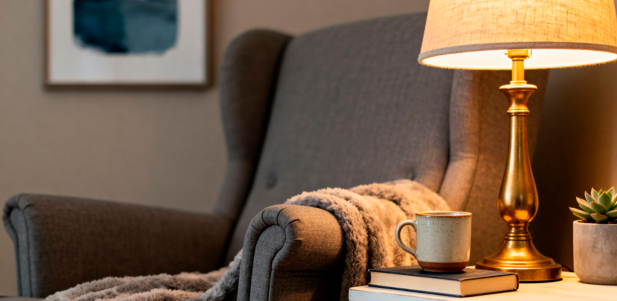 Pessoa com câncer em um ambiente acolhedor e tranquilo, associado ao descanso e ao cuidado emocional