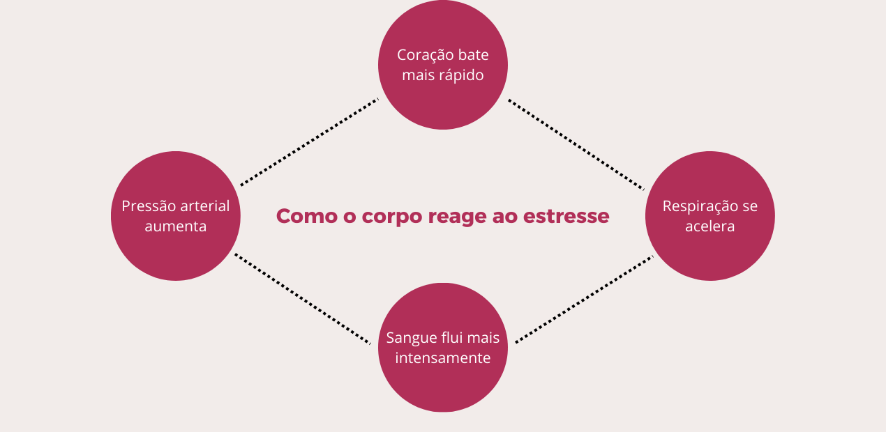 Diagrama explicativo mostrando como o estresse causa dor no corpo por meio de reações fisiológicas