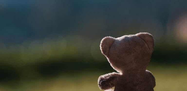 Foto em close da silhueta de um ursinho de pelúcia olhando para o horizonte, uma metáfora visual para a solidão ou o impacto no vínculo afetivo causados pelos sintomas da depressão pós parto.