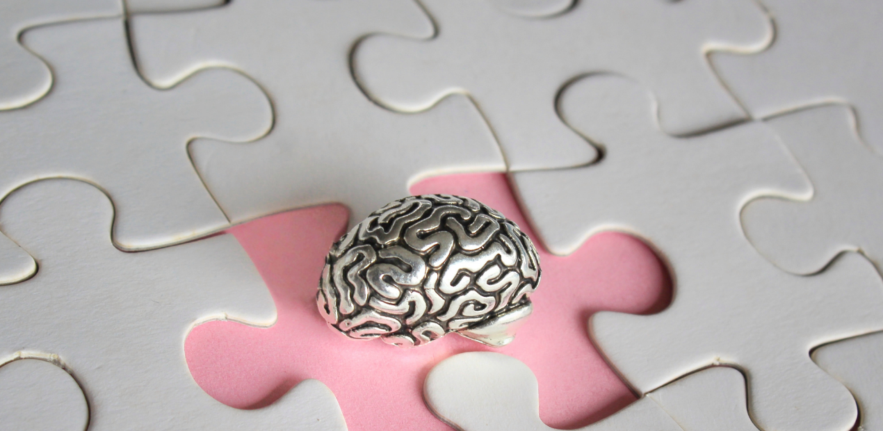 Fotografia de uma pequena escultura de cérebro prateado sobre uma peça de quebra-cabeça rosa central, rodeada por peças brancas, simbolizando o desafio de compreender a complexidade neurobiológica dos sintomas de esquizofrenia.