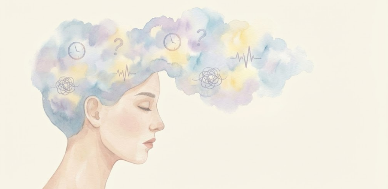 Quando a mente fica sobrecarregada, tudo parece nebuloso. A imagem retrata como a confusão mental e a preocupação constante podem ser fortes sintomas do estresse emocional (1300).