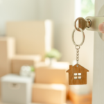 Chave na porta com chaveiro em formato de casa, representando a entrada em um novo lar e o impacto do ambiente na saúde mental