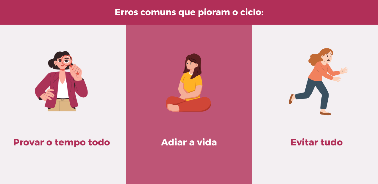 Erros comuns que pioram pensamentos obsessivos: provar o tempo todo, adiar a vida e evitar tudo