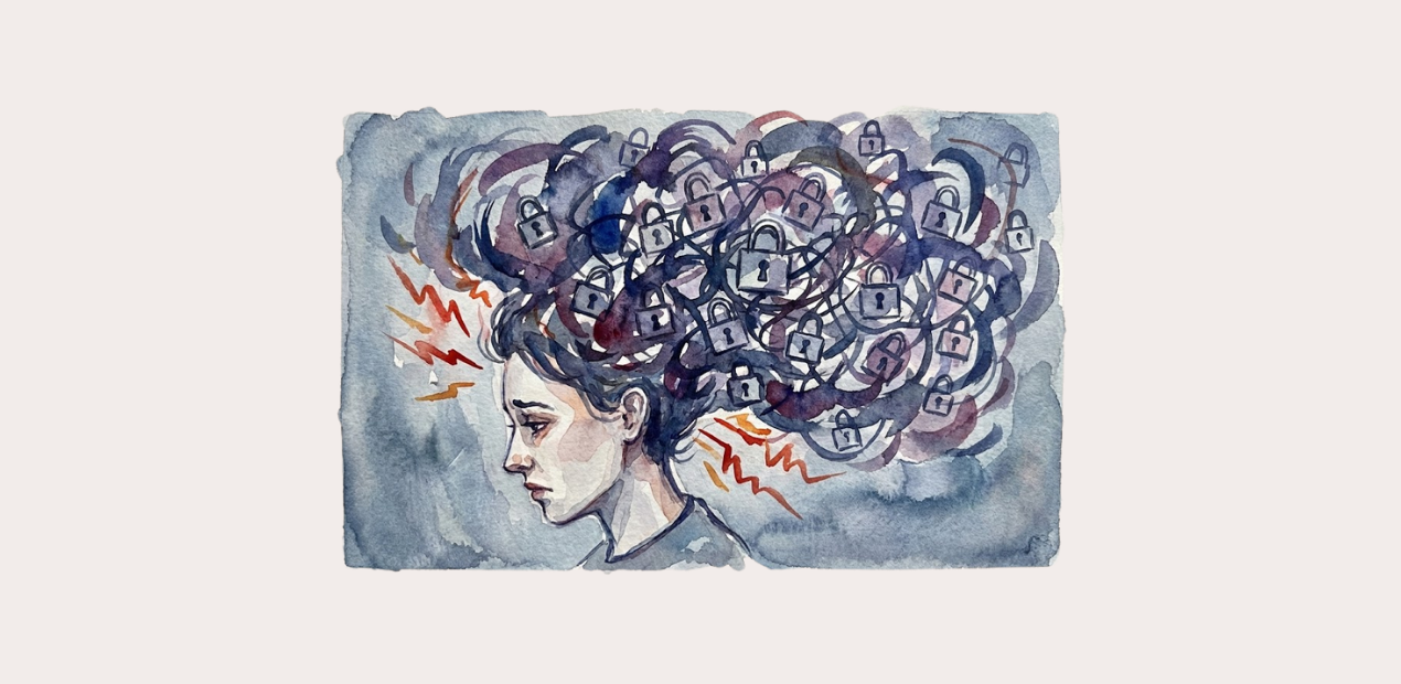 Ilustração de mente barulhenta e presa, com pensamentos obsessivos repetitivos e ansiedade