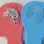 Duas silhuetas de cabeça, uma com linhas confusas e outra em espiral organizada, simbolizando o tratamento medicamentoso para borderline