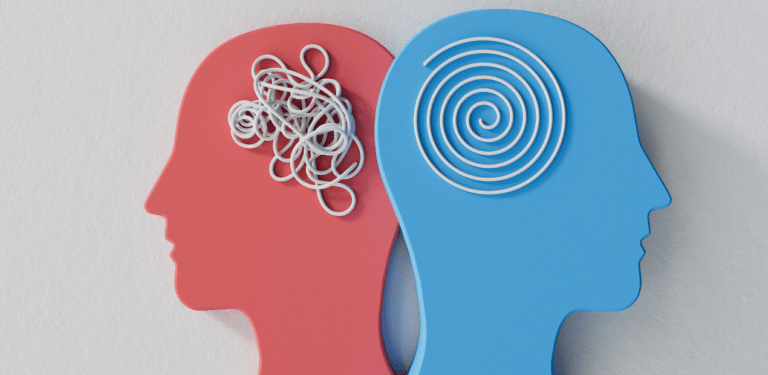 Duas silhuetas de cabeça, uma com linhas confusas e outra em espiral organizada, simbolizando o tratamento medicamentoso para borderline