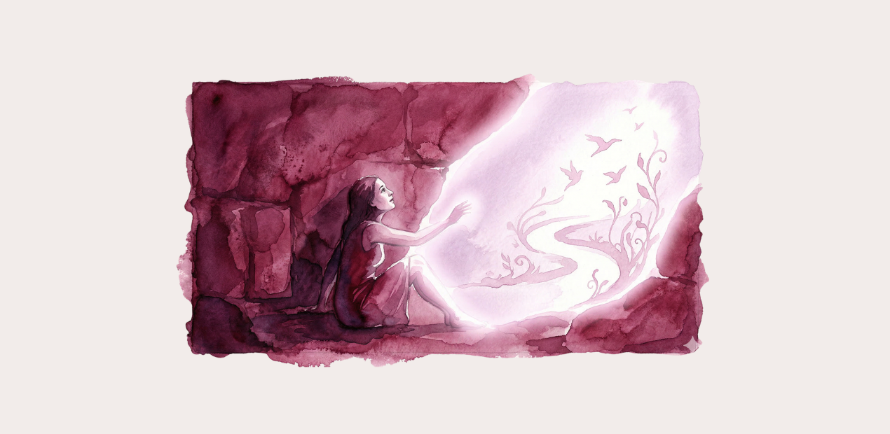 Pessoa em ambiente escuro alcançando uma abertura iluminada, com elementos que sugerem esperança