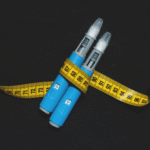 Duas canetas aplicadoras envolvidas por fita métrica amarela, em conteúdo sobre caneta emagrecedora efeitos colaterais