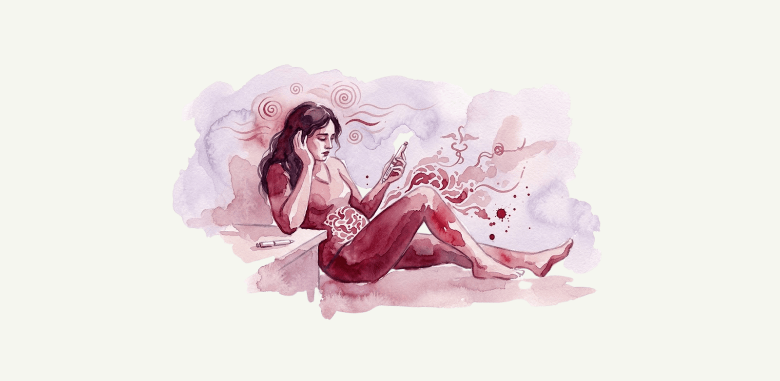 Ilustração de mulher sentada segurando um aplicador, com sinais de desconforto em conteúdo sobre caneta emagrecedora efeitos colaterais