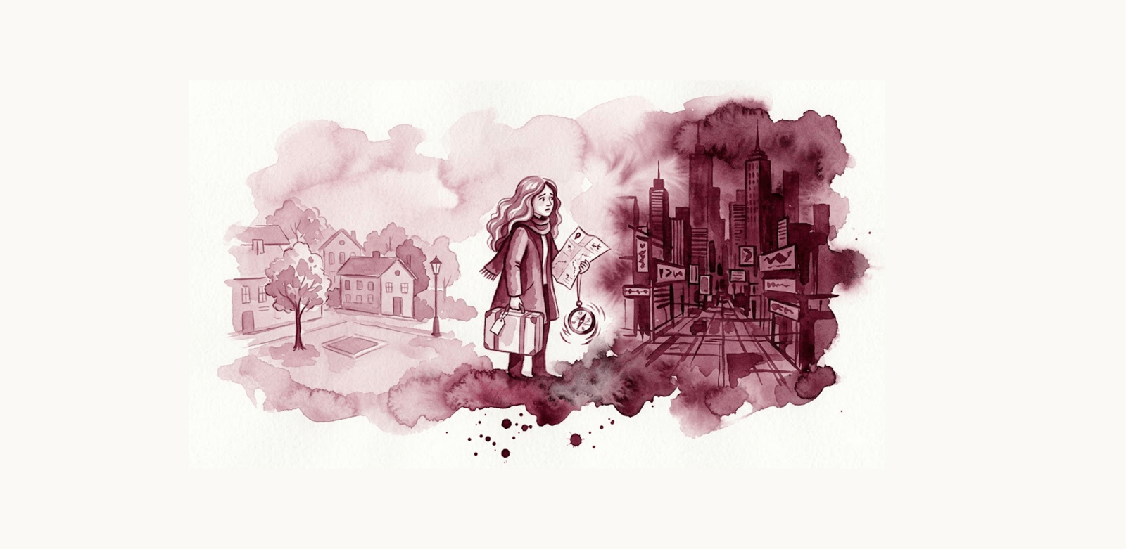 Ilustração de pessoa com mala e mapa entre uma área residencial e uma cidade grande, representando medo de mudar de cidade