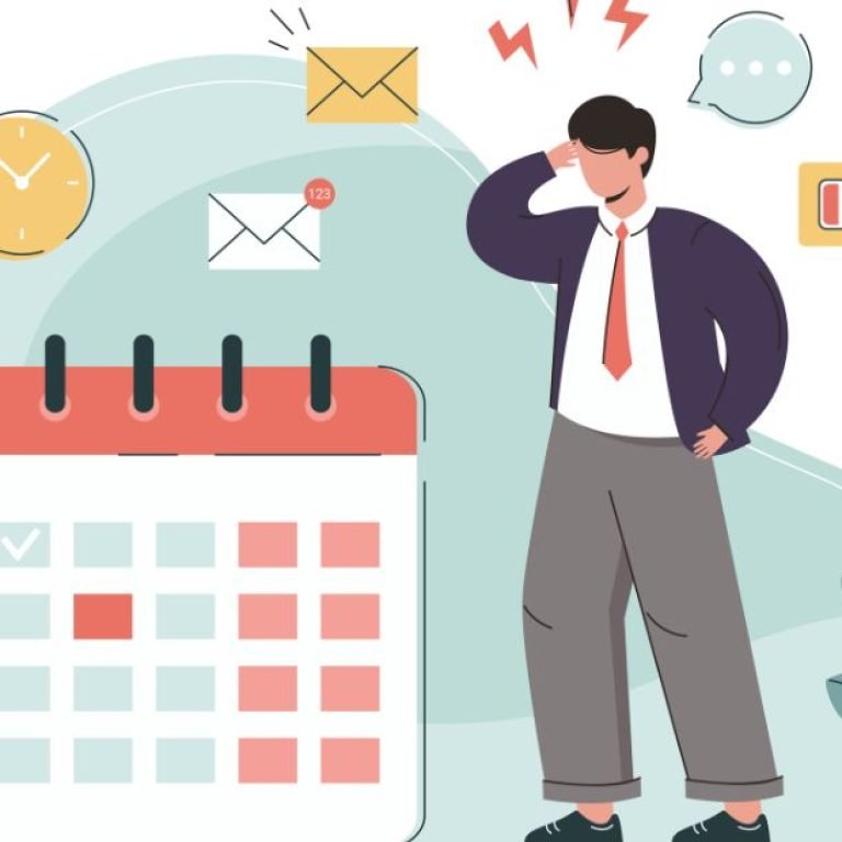 Ilustração de homem estressado representando burnout no trabalho, cercado por calendário, e-mails acumulados e bateria fraca.
