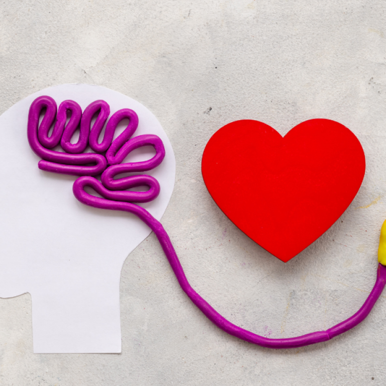 Ilustração do cérebro e do coração conectados, representando a relação entre ambiente, emoções e saúde mental