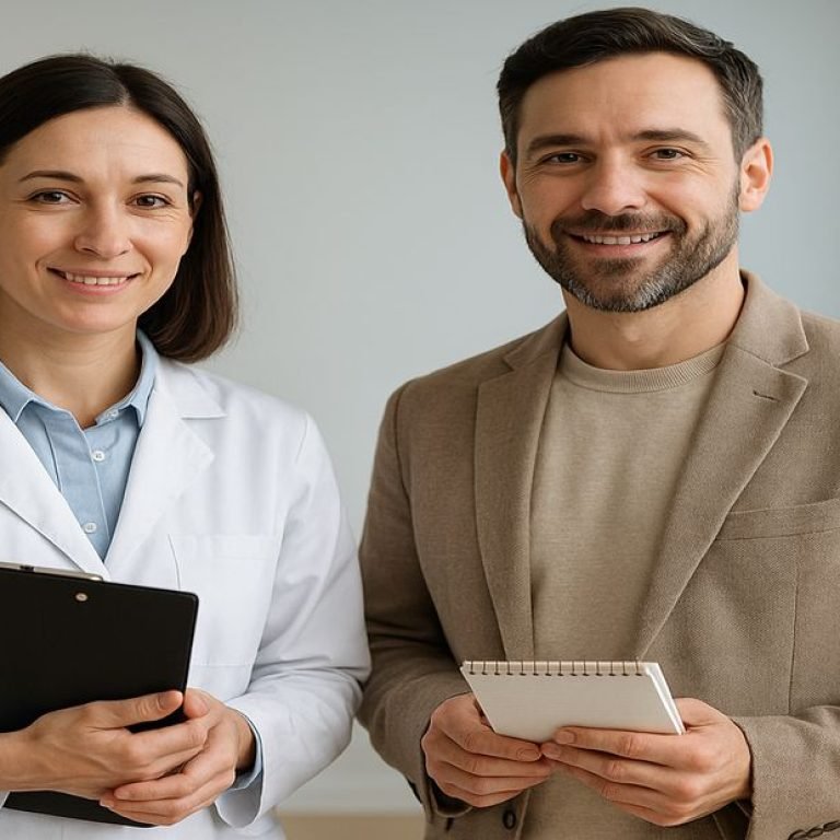 Psiquiatra mulher de jaleco e psicólogo homem de blazer lado a lado em consultório acolhedor