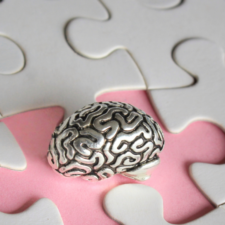 Fotografia de uma pequena escultura de cérebro prateado sobre uma peça de quebra-cabeça rosa central, rodeada por peças brancas, simbolizando o desafio de compreender a complexidade neurobiológica dos sintomas de esquizofrenia.